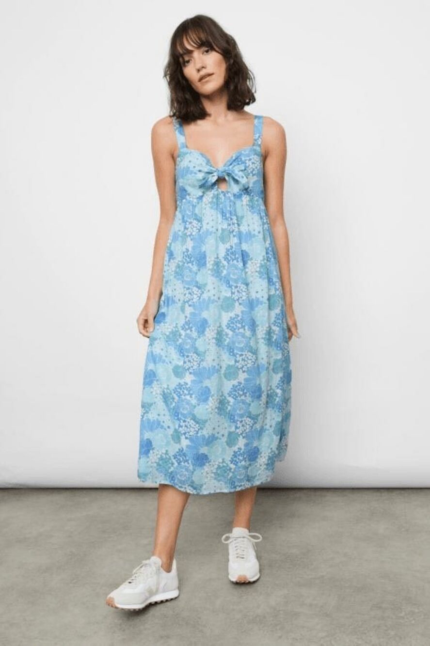 Rails Serafina Blue Floral Linen Bow Front Vacation Feminine Midi Size Small